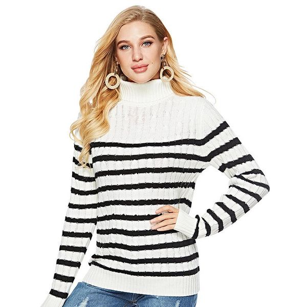 

donsignet women's sweater fashion spring and autumn high neck pullover striped base knitted long sleeves women sweaters, White;black