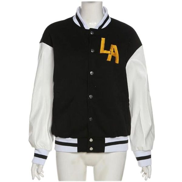 

Women's Jackets Autumn 2021 Europe-USA Style Baseball Uniform Women Stand Collar Letter Embroidery Splicing Single-Breasted Thicken Slim Jac, Black;brown