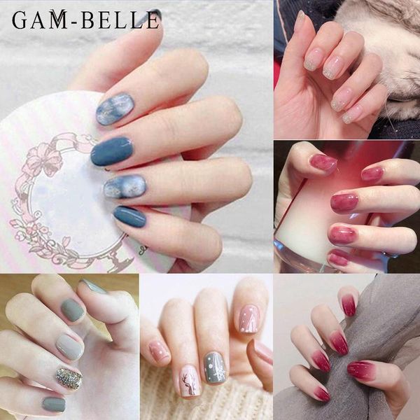 

false nails gam-belle 24pcs cute fruit flower dot pattern fake spring summer designs artificial short beauty with glue, Red;gold