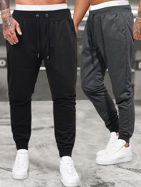 

men 2pcs slant pocket drawstring waist solid sweatpants o41b#, Black