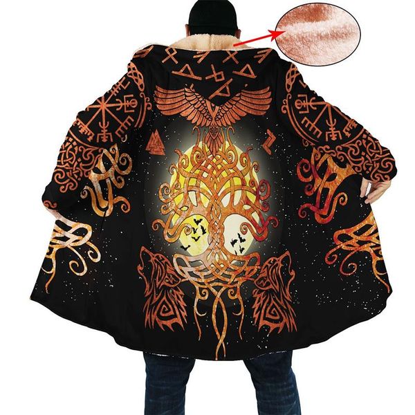 Herren-Trenchmäntel, Fleece-Umhang, Wikinger-Rabe, Halloween-Tattoo, 3D-Druck, Winter, mit Kapuze, Unisex, lässig, dick, warm, Jacke H035