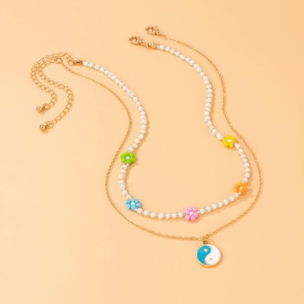 

pendant necklaces boho pearl beads colorful flower short choker necklace for women fashion chinese tai chi pendants 2021 jewelry, Silver