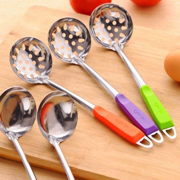 

spoons stainless steel skimmer strainer soup spoon ladle kitchen gadgets handle wall hanging candy color cooking tools accessories