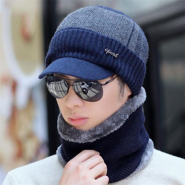 

hats, scarves & gloves sets men winter hat scarf 2 peice set women man outdoor warm knitted plush mix color cap ring with brim knit visor ma, Blue;gray