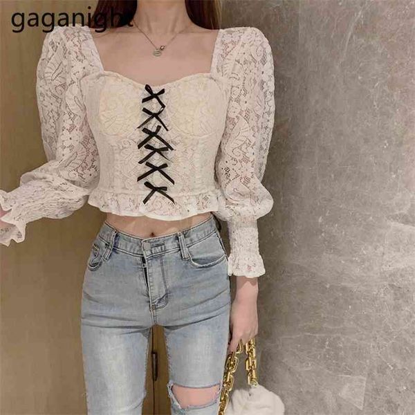 Sexy Square Kragen Frauen Spitze Bluse Elegante formale Stickerei Langarm Weiße Hemden Aushöhlen Aushöhlen Weibchen Zugeschnittene Tops 210601