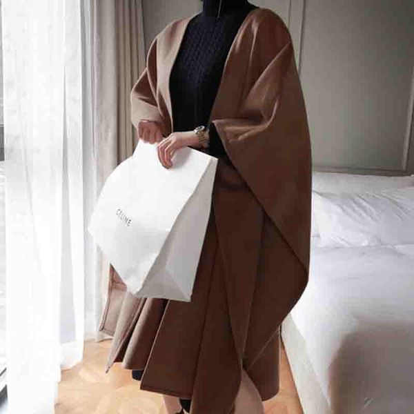 Zarif V Boyun Kış Cape Ceket Kadınlar Uzun Kollu Kemer Kabanlar Ceket Sonbahar Rahat Bölünmüş Streetwear Pelerin Palto 210514