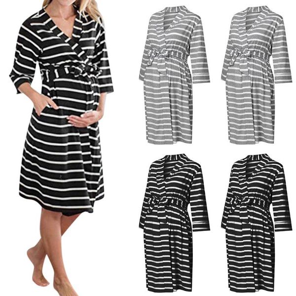 

women maternity three-quarter sleeve stripe wrap dress nightdress robe nursing dresses breastfeeding clothes for pregnant, White