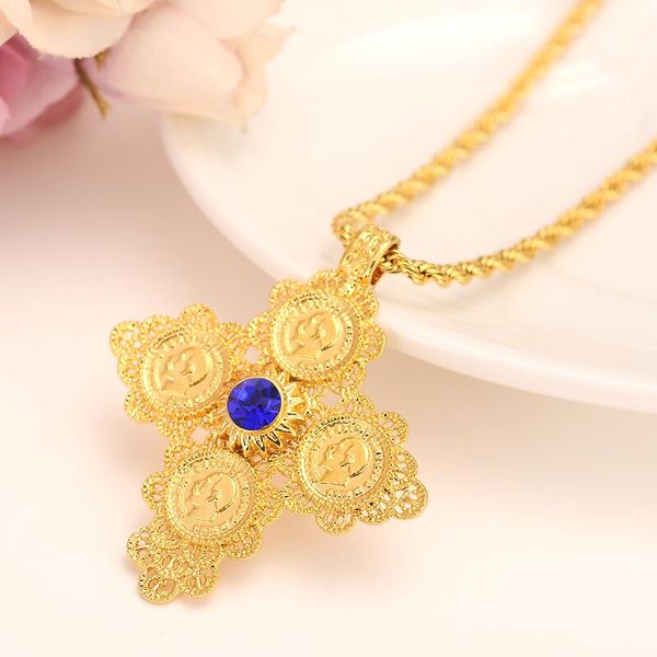 

coin cross pendants italian rope necklaces red green blue solitaire yellow solid 18k gold g/f exquisite jewelry gift boxed, Silver