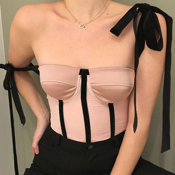 

women elegant lace up strap slash neck skinny tank mesh slim camisole hit color club cropped outfits 210428, White