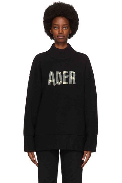 

2021ss error hip-hop tape letters ader half high neck pullover sweater, White;black