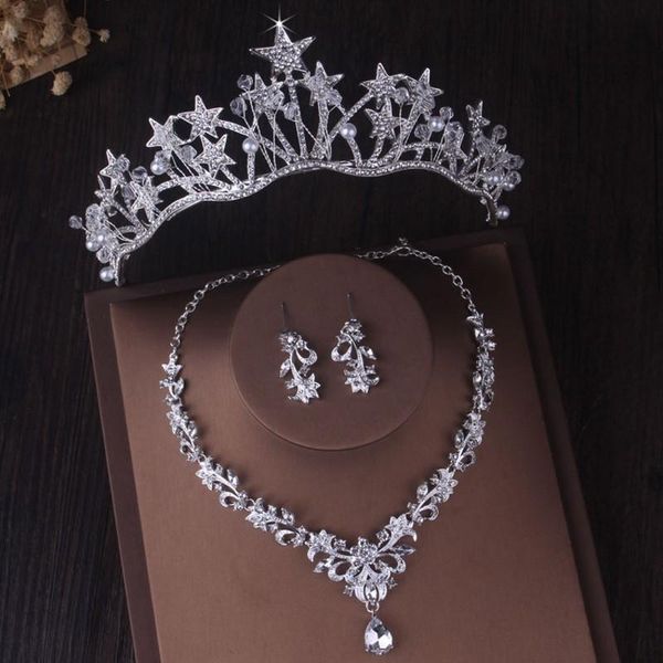 

earrings & necklace baroque star crystal pearl bridal jewelry sets for women rhinestone tiaras crown set wedding dubai, Silver
