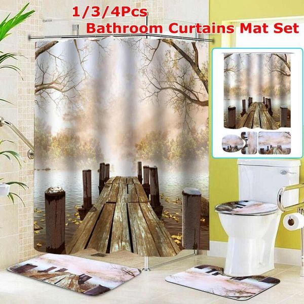 

wooden bridge printing shower curtain set waterproof polyester showeing bath toilet cover mat non-slip rug home bathroom decor curtains