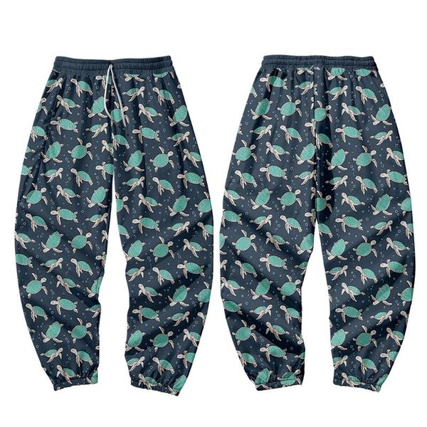 

men's pants oversize 6xl sea turtle printed men japanese pocket cargo joggers harajuku harem sweatpant hip hop trousers, Black