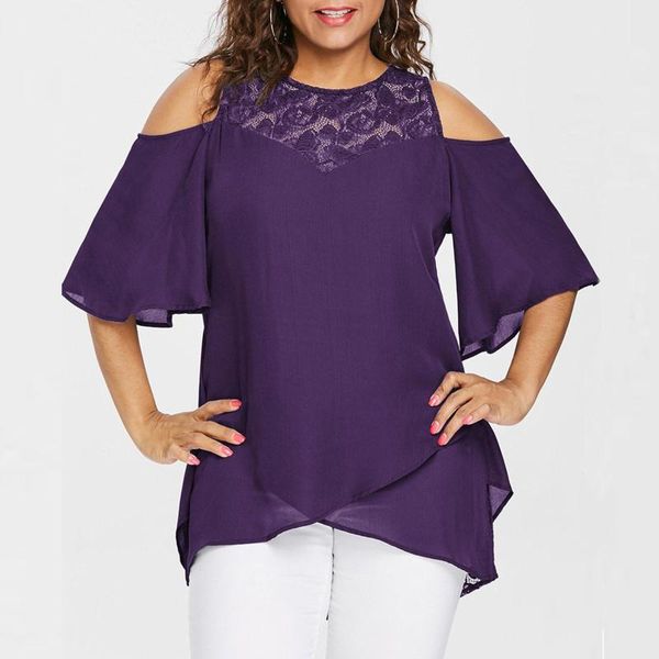 

women's t-shirt plus size women o-neck cold shoulder solid lace short sleeve zipper blouse, White