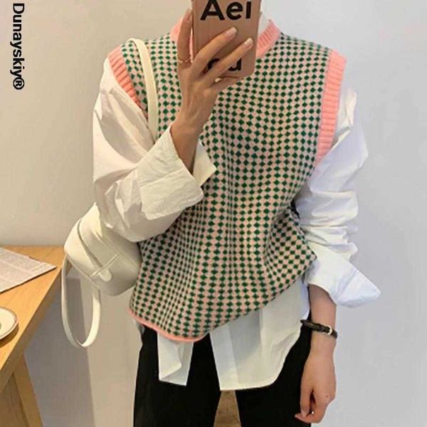 Maglione da donna Gilet Donna O-Collo Argyle Vintage Streetwear Morbido caldo Casual Top femminile Lavoro a maglia Elegante Basic Drop 211008