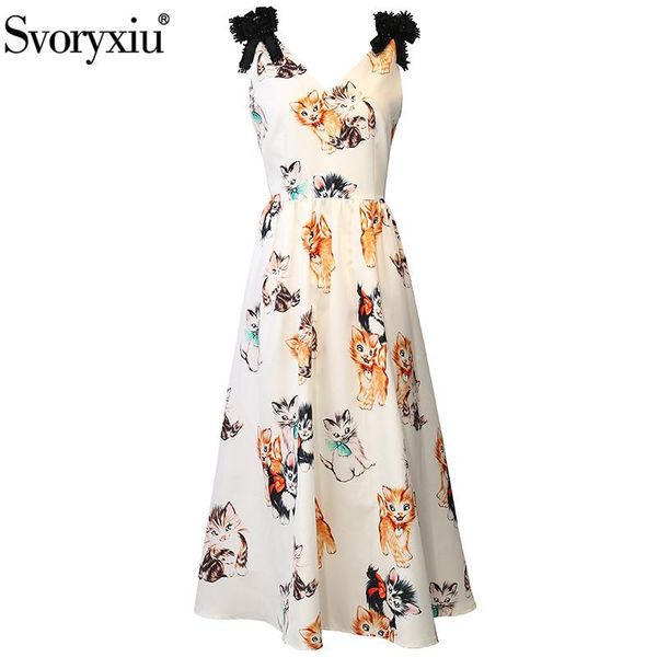 

casual dresses svoryxiu 2021 runway fashion summer cartoons cat print long dress women's luxury beaded bow sleeveless party, Black;gray
