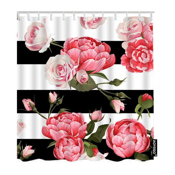 

floral bathroom shower curtain pink peony and rose flower green leaves on black white stripes curtains home long polyester