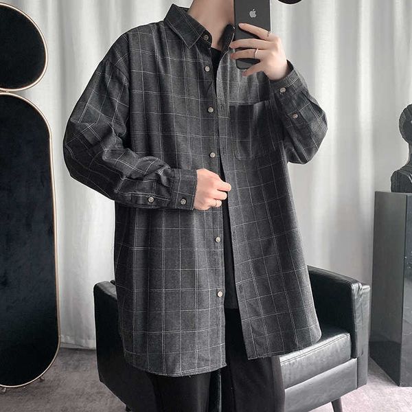 

spring autumn korean fashion mens shirts daily casual buton down couple clothes cotton long sleeve plaid shirt 4xl 5xl 210528, White;black