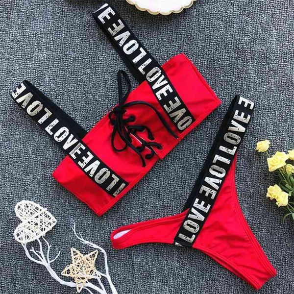 

s - 2xl letter brazilian women bandeau swimwear female swimsuit thong set push up bathing suit plus size bikinib