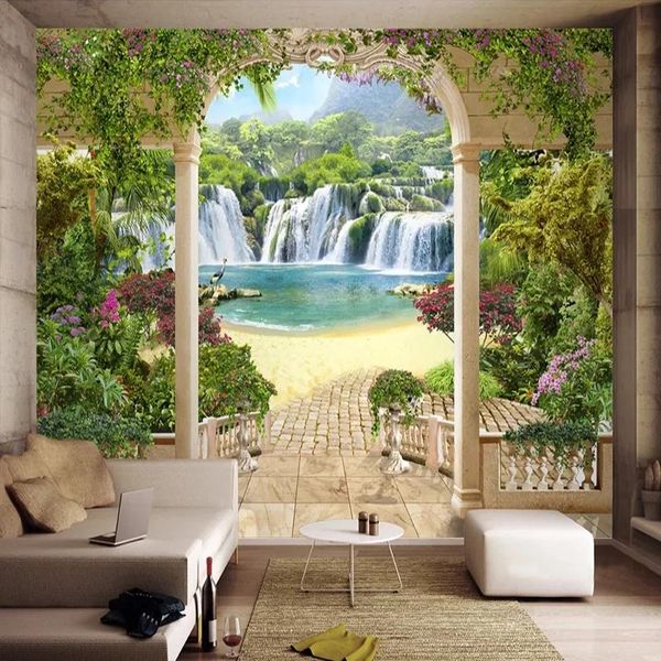 Papéis de parede personalizados 3D PO jardim balcão cachoeira paisagem mural auto adesivo papel de parede sala de estar tv fundo parede pintura