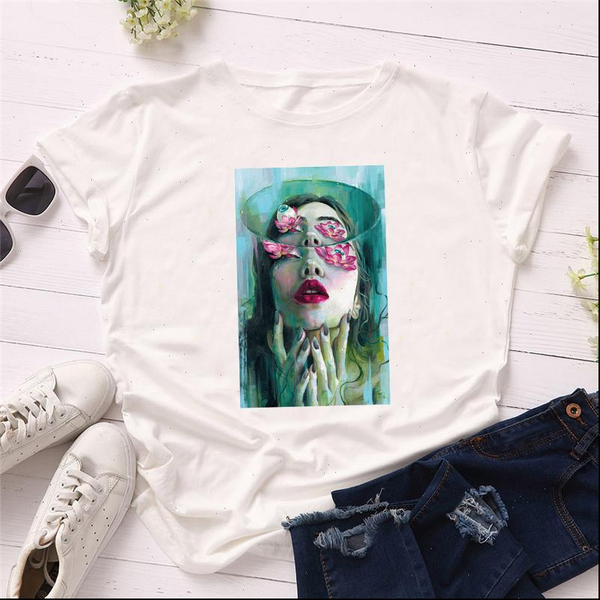 

women t shirt summer short sleeve casual white tshirts polyester o neck loose print vogue streetwear female