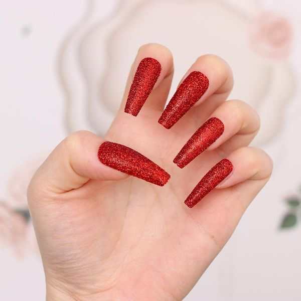 

24pcs fake nails with glitter designs press on full cover long coffin false extension tool detachable nail art tips1, Red;gold