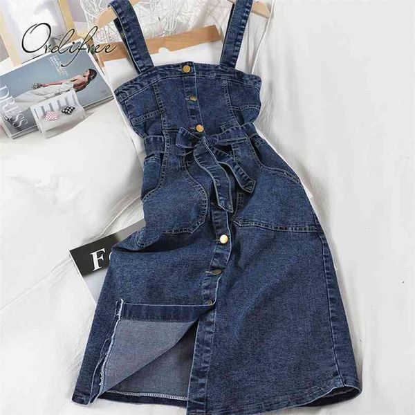 

summer women jeans dress sundress overall belted blue single breasted female casual denim 210513, Black;gray