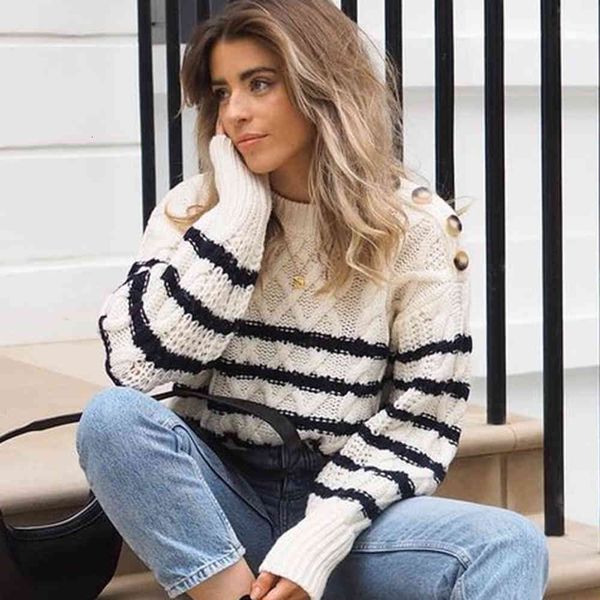 

sweater navy stripes wool sweater women winter elegant long sleeve buttons round neck thick warm pullover chic autumn sweaters v4ho, White;black