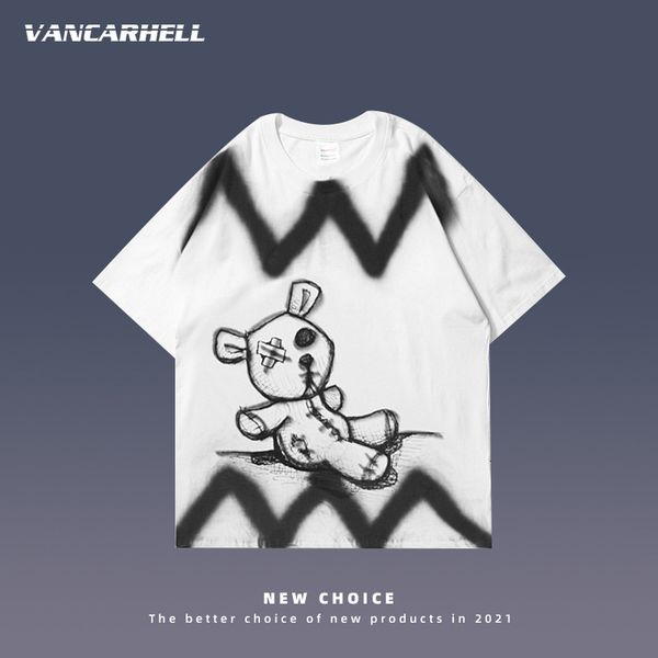 

black / white gray high street dark ins loose puppet bear design oversize couples t-shirt men and women, White;black