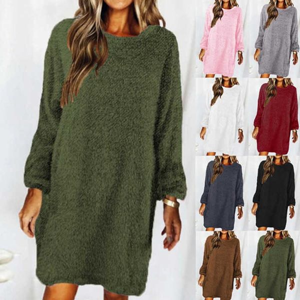 

women's new solid color comfortable plush long sleeve round neck loose dress in autumn and winter 2021, White;black