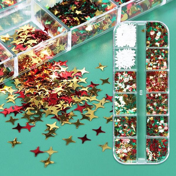 

nail art decorations 12 grids christmas various glitter flakes sequins polish manicure decoration snowflakes tree paillette, Silver;gold