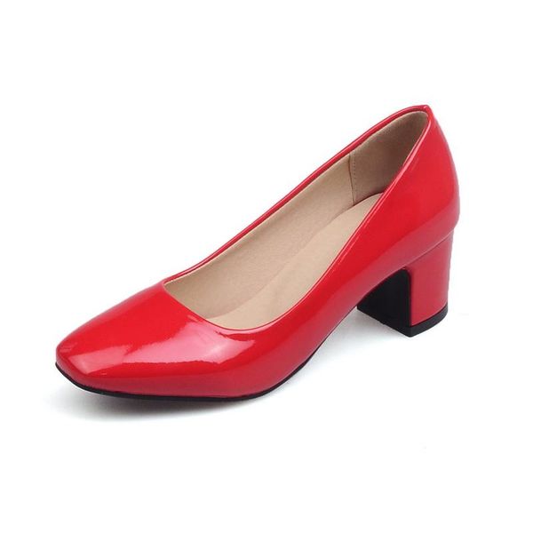 

chic womens shiny patent leather party pumps chunky heel square toe office work shoes dress, Black