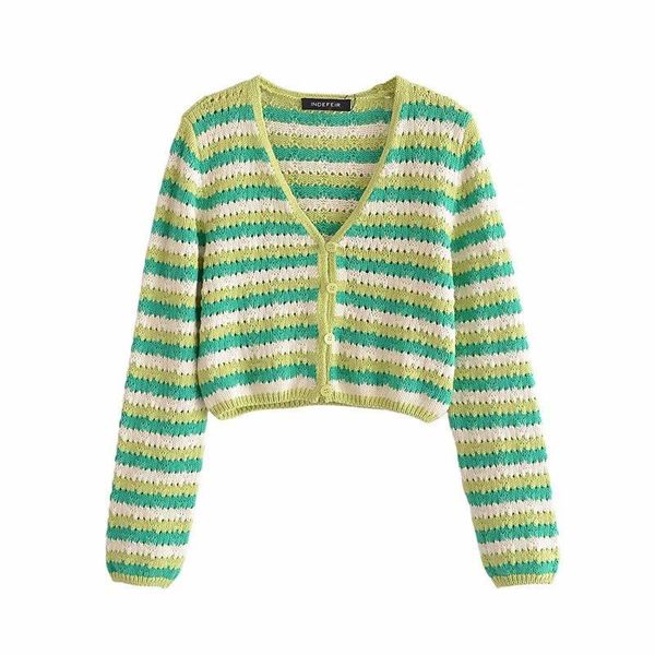 

women's knits & tees 2021 fashion women vintage striped knitted cardigan long sleeve single-breasted v-neck female cropped sweater chic, White