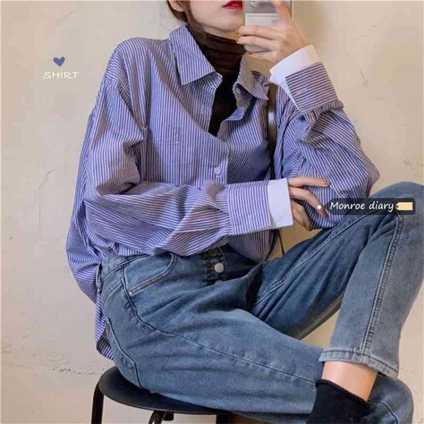 

spring temperament fashion blusa stitching striped blue lapel blouse women loose outer wear shirt c631 210507, White