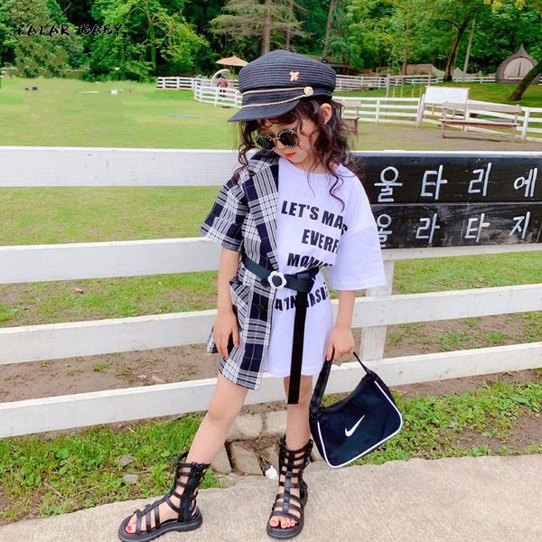

summer children's dress korean irregular personality plaid splicing suit shirt letter t-shirt girl's dresses, Red;yellow