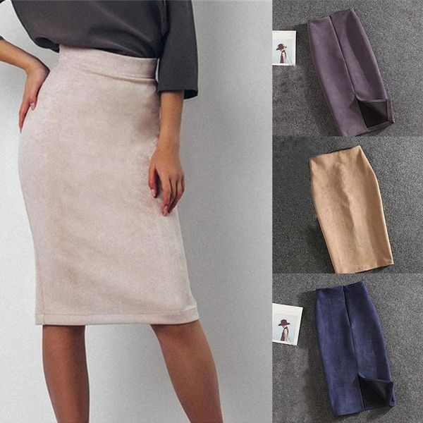 

skirts women suede solid color pencil skirt female autumn winter high waist bodycon vintage split knee length thick stretchy, Black