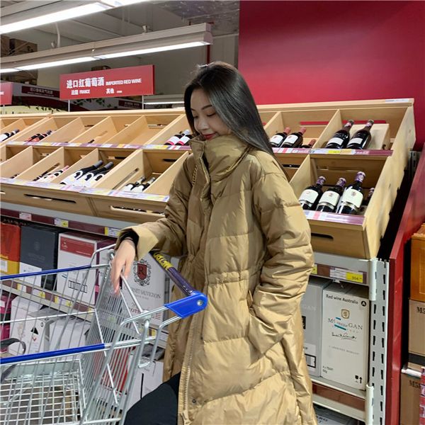 

winter down ladies over the knee long high neck rope waist thin warm coat white goose jacket, Black