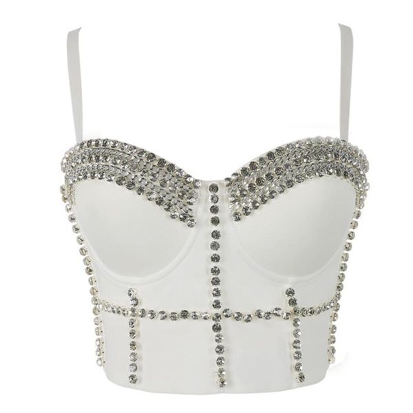 

women's tanks & camis women diamond chain mesh bustier crop spaghetti strap push up corset vest, White