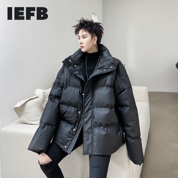 

iefb winter pu leather back folded cotton padded jackets for men loose stand collar oversized clothes black coat 9y4434 210524