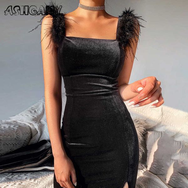 

ashgaily velvet dress women sleeveless dress solid feathers bodycon clothes party club outfits femme 210630, Black;gray