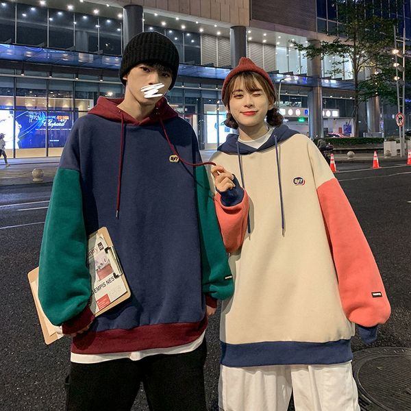 

men's hoodies & sweatshirts winter fashion loose coats splicing color pullover thickened plush hooded casual cotton clothes bxjm, Black