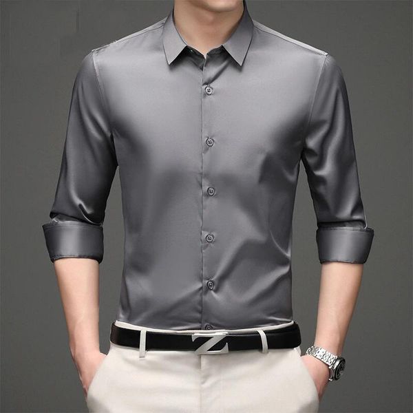 

gray shirts men casual long sleeve satin mens shirt slim business work camisas non iron solid chemise homme 26+colors 210524, White;black