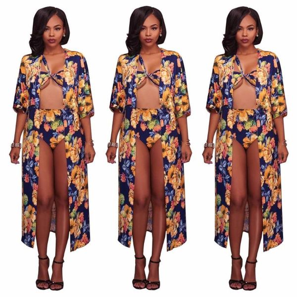

two piece dress rebicoo style beach 3 set summer bikini crop and short pants half sleeve long coats women print outfit q224, White