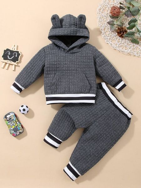 

baby striped trim 3d ears design hoodie & sweatpants she, White