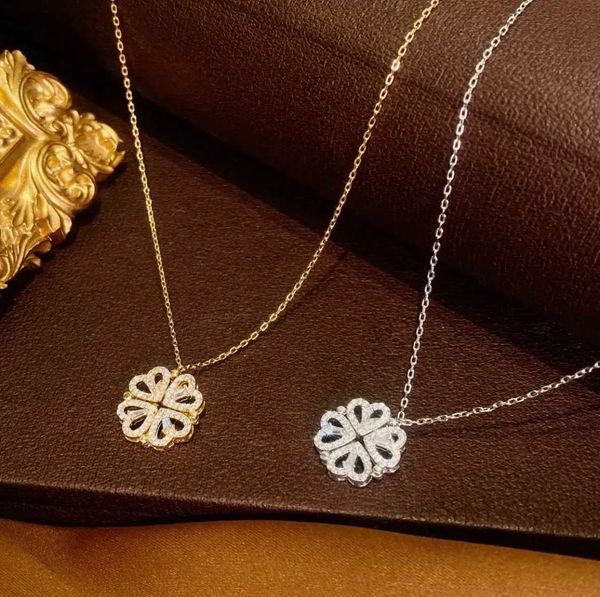 

korean new four hearts can open the leaf clover titanlum steel necklace, high-end two wear clavicle chain jewelry with diamond, Silver