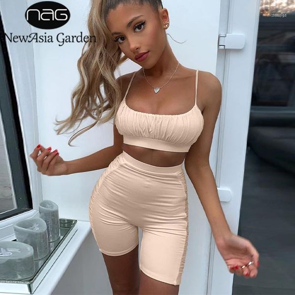 

two piece dress asia ruched set double layers crop biker shorts 2 women elastic matching sets activewear outfits 2021, White