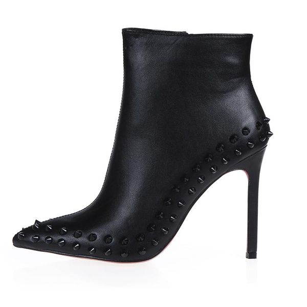 

boots autumn winter women zip fashion pointed toe ankle high heels botas mujer rivet drop, Black
