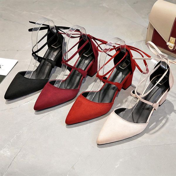 

sandals female sandal all-match block heels velvet shoes ankle strap 2021 summer girls chunky suede comfort high lace up fashion poi, Black