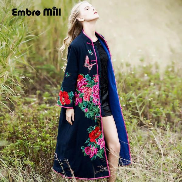 

women's trench coats high-end autumn winter coat for women plus size windbreaker rayon vintage embroidery floral warm outerwear female, Tan;black