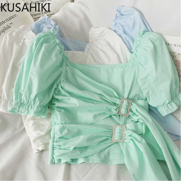 

kusahiki puff sleeve sweet square collar woman blouse belt slim waist blusas femme summer short mujer 6h518 210602, White